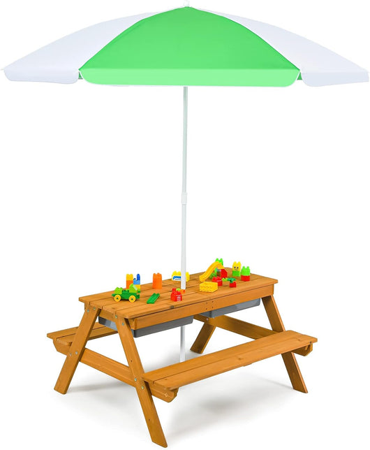 Set Tavolo Picnic Bambini 3 in1 con Ombrellone Rimovibile e Regolabile, Tavolino con Piano Rimovibile, Tavolo con Panche in Legno per Bambini da Interno Esterno (bianco+verde)