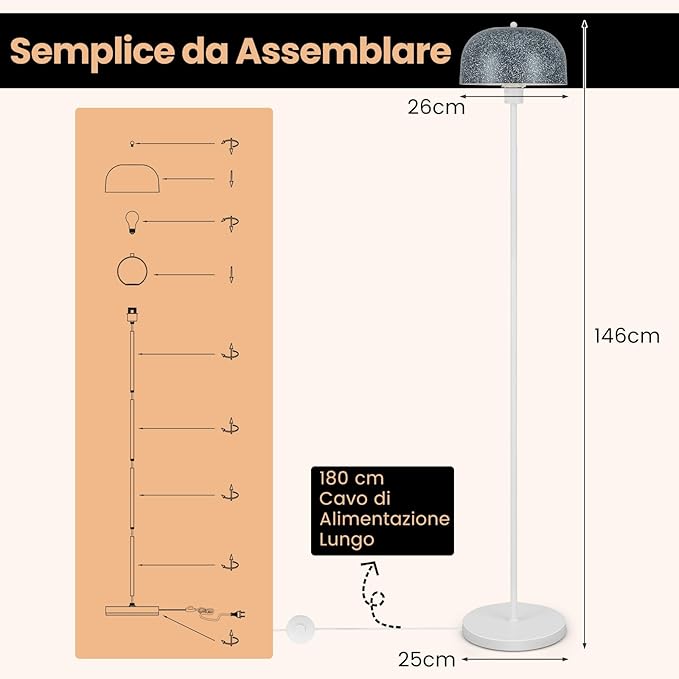 Lampada da Terra da Soggiorno, Lampada a Stelo con Paralume e Interruttore a Pedale, Lampada Moderna con Base Pesante per Camera da Letto, Ufficio e Studio
