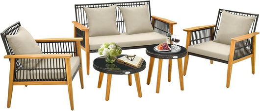 Set di mobili da giardino in rattan, set di mobili da giardino con telaio in legno di acacia, cuscini per sedile e schienale ergonomico, mobili da esterno per cortile, terrazza, giardino