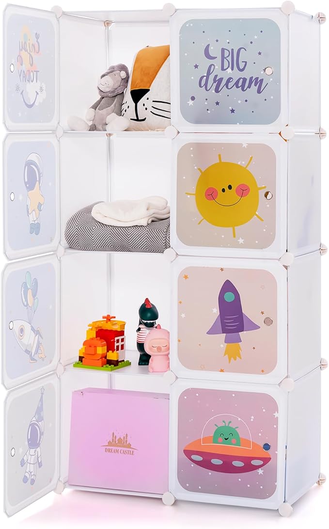 Armadio Portatile per Bambini, Organizzatore Modulari per Bambini a 8 cubi con Ante e Sezione Appendiabiti, Guardaroba Portatile per Sala Giochi Camera da Letto Asilo, 71x35,5x142 cm (Bianco)