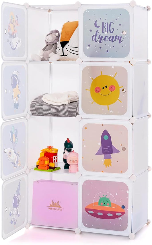 Armadio Portatile per Bambini, Organizzatore Modulari per Bambini a 8 cubi con Ante e Sezione Appendiabiti, Guardaroba Portatile per Sala Giochi Camera da Letto Asilo, 71x35,5x142 cm (Bianco)
