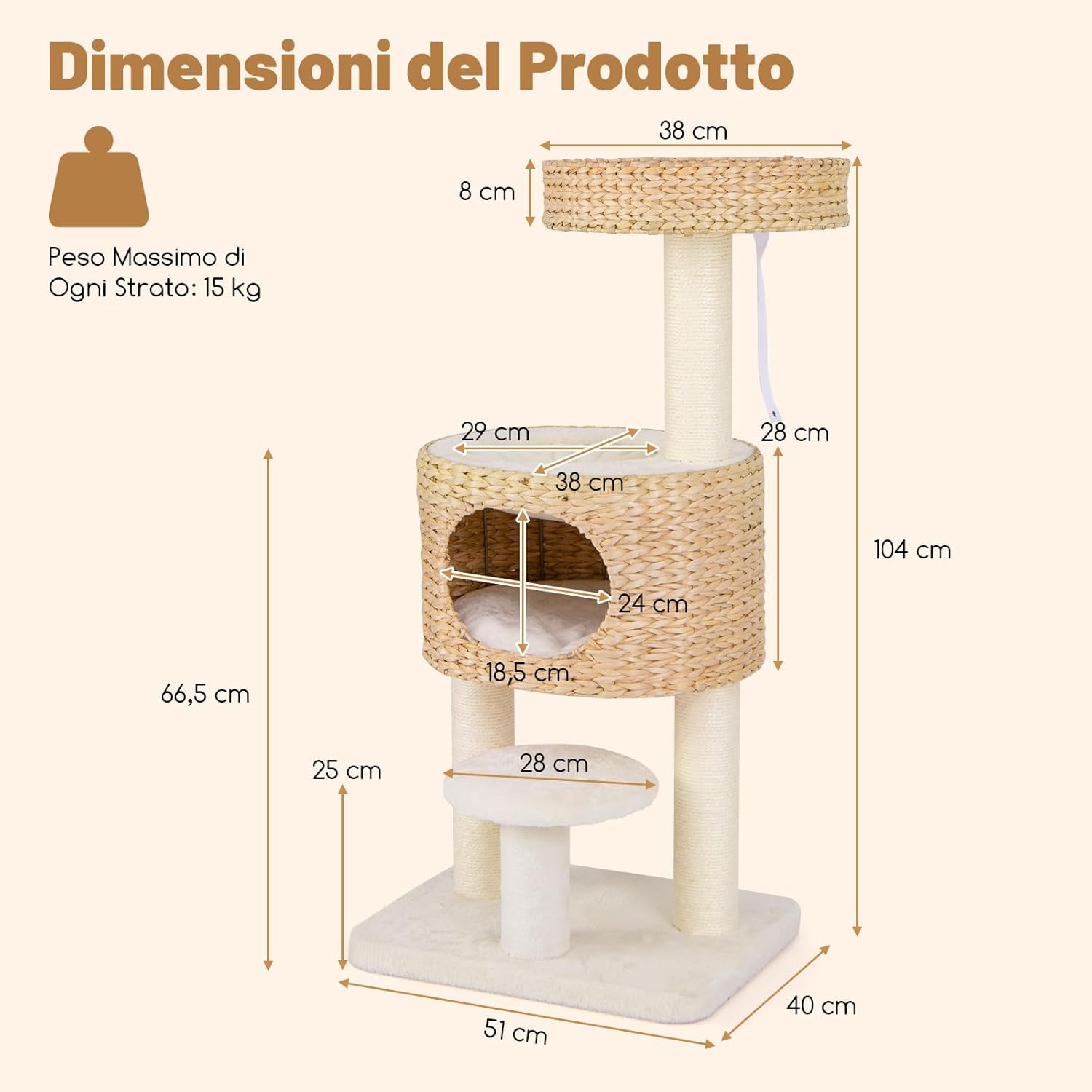 Tiragraffi per Gatti 104cm, Albero per Animali Domestici con Trespolo Superiore, Posti per Graffiare in Sisal, Cuscino Rimovibile e Palline, Torre Moderno Interno, Bianco e Naturale