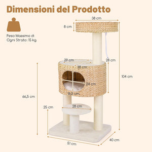 Tiragraffi per Gatti 104cm, Albero per Animali Domestici con Trespolo Superiore, Posti per Graffiare in Sisal, Cuscino Rimovibile e Palline, Torre Moderno Interno, Bianco e Naturale