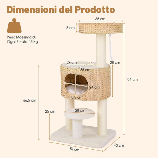 Tiragraffi per Gatti 104cm, Albero per Animali Domestici con Trespolo Superiore, Posti per Graffiare in Sisal, Cuscino Rimovibile e Palline, Torre Moderno Interno, Bianco e Naturale