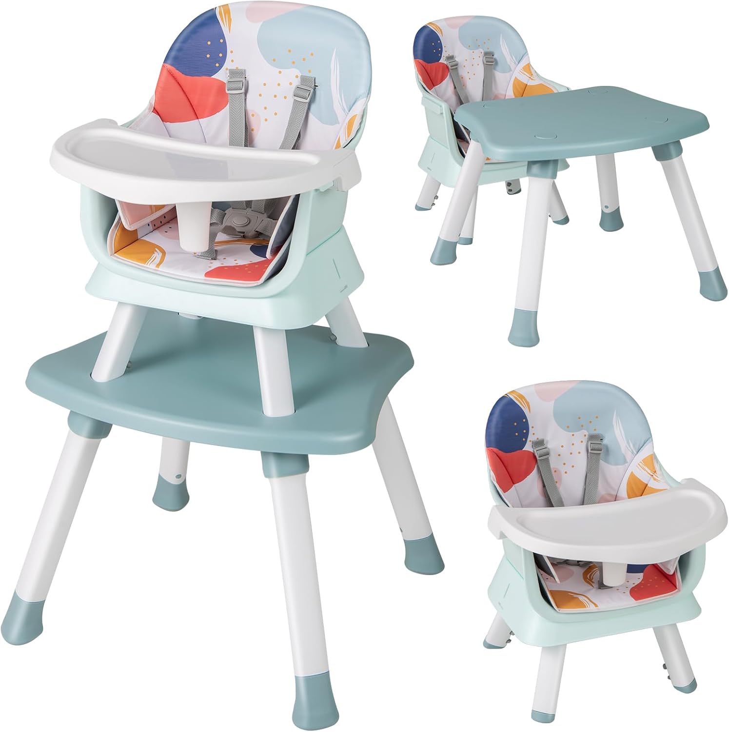 Seggiolone Pappa per Bambini 6 in 1, Seggiolone per Neonati Convertibile, Tavolo per Costruzioni per Bambini, con Imbracatura a 5 Punti, per Bambini da 6 Mesi fino 3 Anni (Colorato)