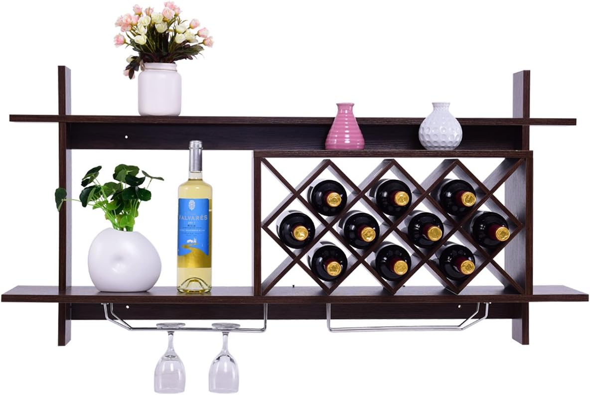 Mensola per Vino da Parete, Scaffale da Parete per Vino con Ripiani, Portabottiglie da Parete in Legno (Nero)