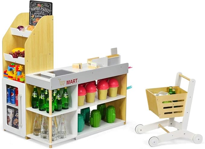 Negozio Giocattolo per Bambini, Bancarella Mercato Giocattolo in Legno, con Carrello della Spesa, Supermercato Giocattolo Scanner, Pos, Carta di Credito e Monete di Legno, 90 x 62 x 111 cm