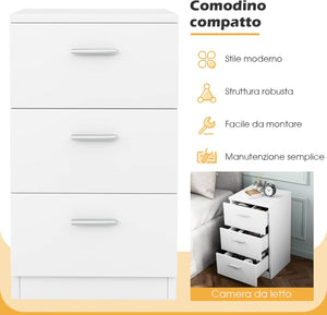 Cassettiera a Tre Cassetti in stile Moderno e Design Lineare Disponibile in colore Bianco o Nero in Legno Truciolato, Adatto per tutti gli ambienti 66 x 38 x 35 cm (Bianco)