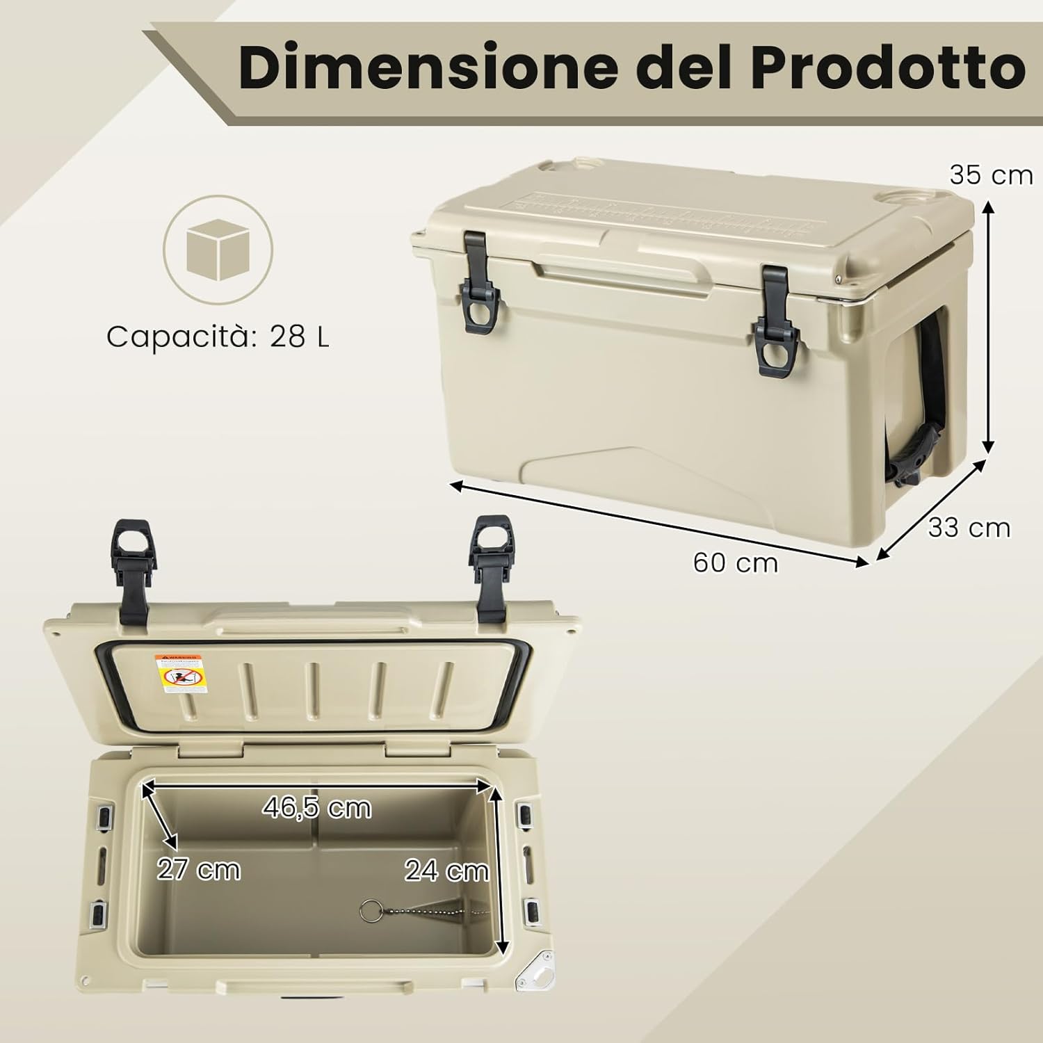 Frigorifero da Campeggio da 28 Litri, Frigo Portatile con Manico Resistente e Scarico, Freddo Fino 5-7 Giorni con Portabicchieri Integrati per Barbecue, Campeggio, Picnic, Pesca