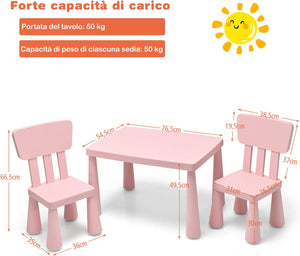 Set di Tavolo e Sedie per Bambini, Multifunzione, Tavolo e 2 Sedie da Gioco, Facile da Montare, capacità di Carico 50 kg, 76,5 x 54,5 x 49,5 cm, Rosa