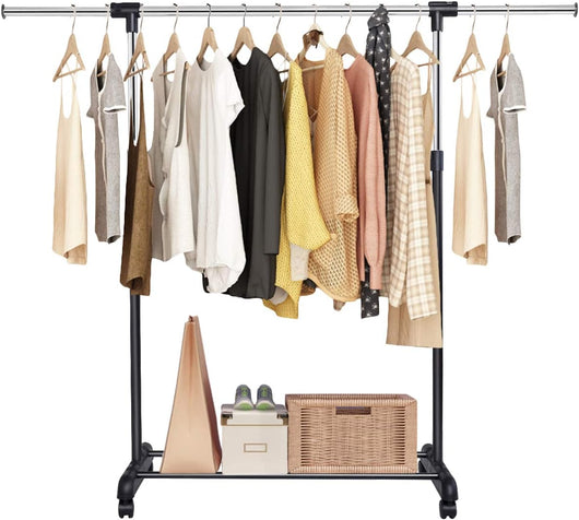Stendibiancheria Regolabile con 2 Ripiani in Metallo e Portascarpe, per Camera da Letto, Bagno, Corridoio, 84x42x92-168 cm, Nero (Un tubo)