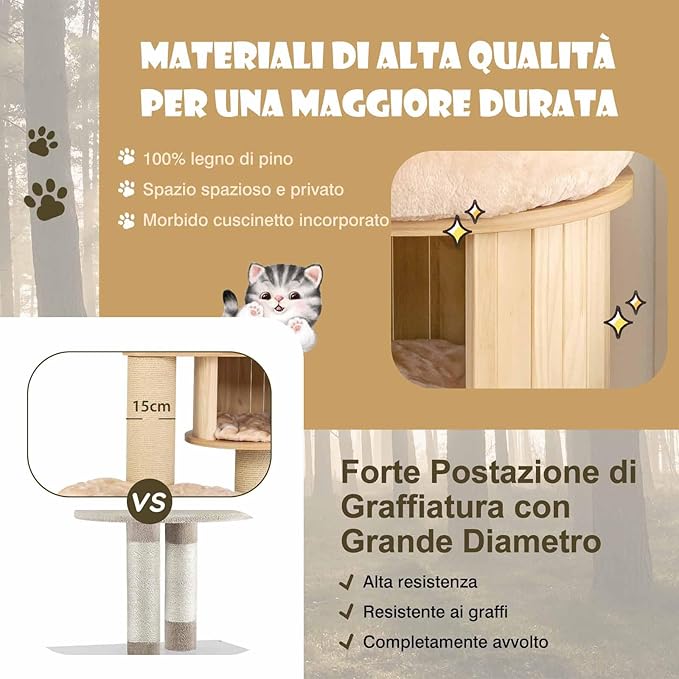 Albero Tiragraffi per Gatti Alto 191 cm, Tiragraffi per Gatti Multistrato con Nicchia in Legno, Trespolo Spazioso, Amaca, Nido, Pali, Tiragraffi e Materassini Lavabili