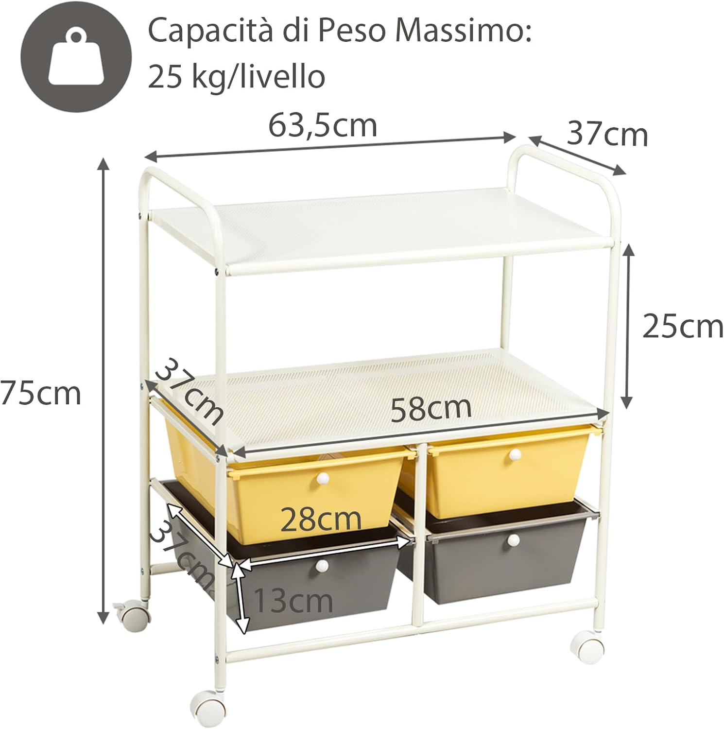 Carrello con 4 Cassetti e 2 Ripiani, Carrello Portaoggetti con Ruote per Cucina Bagno Ufficio, Multiuso, 58,5x37x75 cm (Giallo+Grigio)