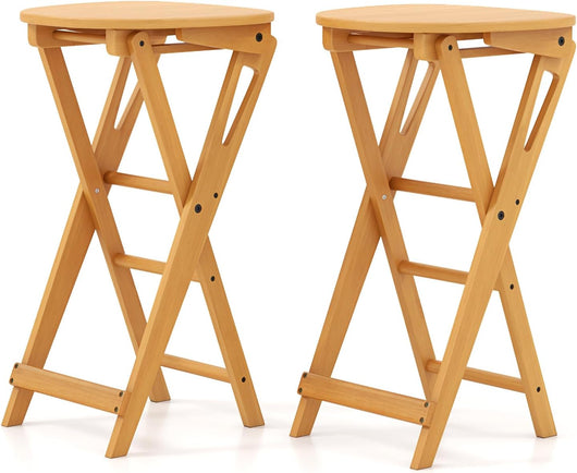 Set di 2 Sgabelli Pieghevoli Alti, Sgabelli Bar in Bambù Leggeri e Portatili con Poggiapiedi e Sedile Ampio, Sgabelli Alti da Bar Penisola Cucina, 36 x 33 x 61 cm