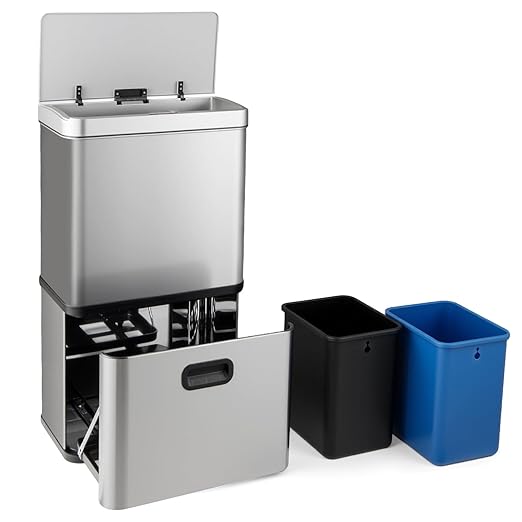 56L Pattumiera in Acciaio Inossidabile, Cestino della Spazzatura con Sensore di Movimento e 2 Contenitori Interni Rimovibili, Coperchio a Chiusura Lenta per Cucina Soggiorno Ufficio (Argento)