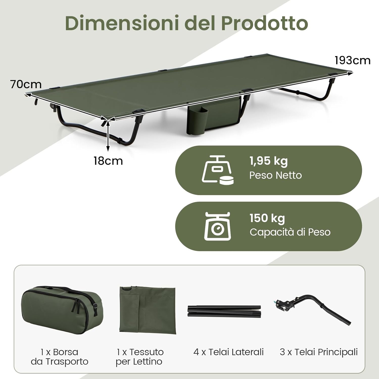 Brandina da Campeggio, Letto Pieghevole e Portatile con Tasca Laterale e Borsa da Trasporto, Lettino con Struttura in Metallo per Viaggio e Spiaggia, Portata 150 kg