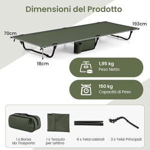 Brandina da Campeggio, Letto Pieghevole e Portatile con Tasca Laterale e Borsa da Trasporto, Lettino con Struttura in Metallo per Viaggio e Spiaggia, Portata 150 kg
