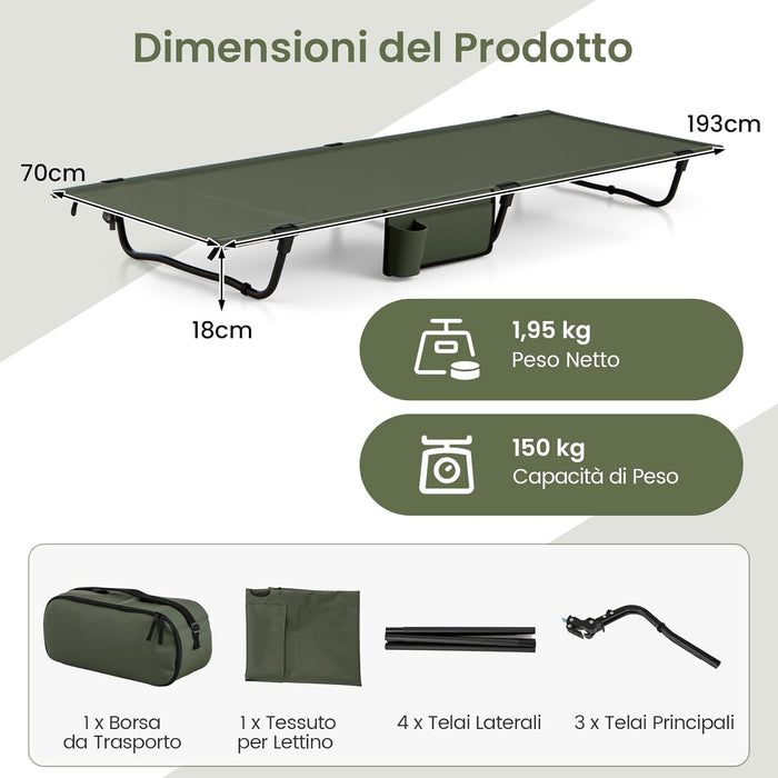 Brandina da Campeggio, Letto Pieghevole e Portatile con Tasca Laterale e Borsa da Trasporto, Lettino con Struttura in Metallo per Viaggio e Spiaggia, Portata 150 kg