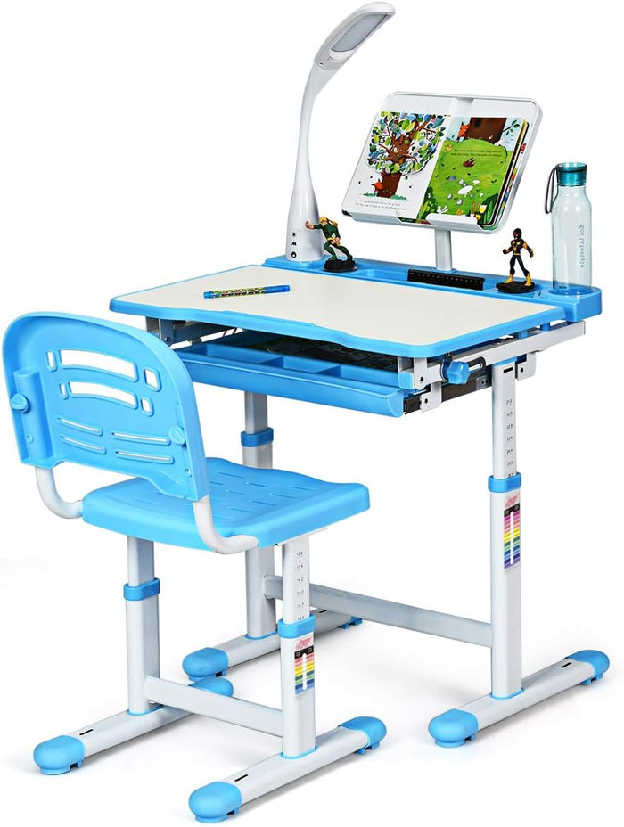 Set Sedia e Scrivania per Bambini Altezza e Angolo Regolabile e Multifunzionale, Con Cornice per la Lettura e Lampada di Protezione per gli Occhi Colore Disponibili: Blu/grigio/rosa (BLU)