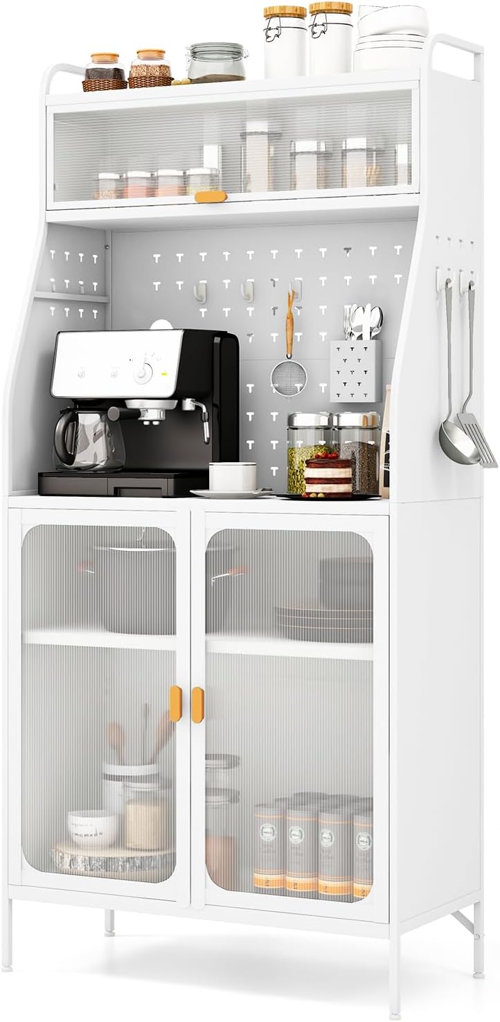 Mobile Dispensa per Cucina, Mobile da Forno Autonomo con Pannello Forato, Porte Trasparenti, Ripiano Regolabile, 8 Ganci e 1 Cestello appendibile, 76 x 36 x 161 cm