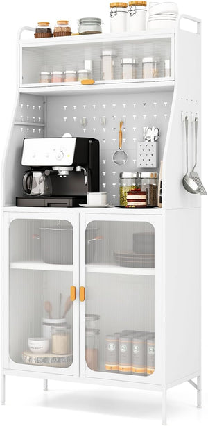 Mobile Dispensa per Cucina, Mobile da Forno Autonomo con Pannello Forato, Porte Trasparenti, Ripiano Regolabile, 8 Ganci e 1 Cestello appendibile, 76 x 36 x 161 cm