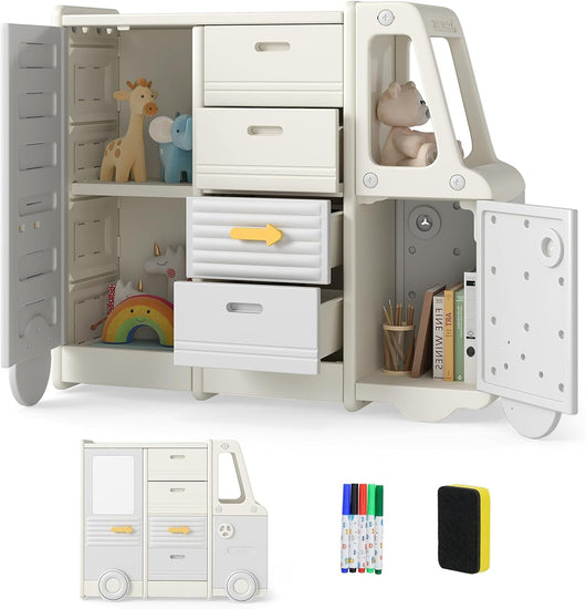 Organizzatore per Giocattoli per Bambini, Scaffale Portagiochi a Forma d Autobus con 1 Lavagna, 4 Cassetti e 2 Armadi, Contenitori Salvaspazio per Camera da Letto, Ingresso e Soggiorno