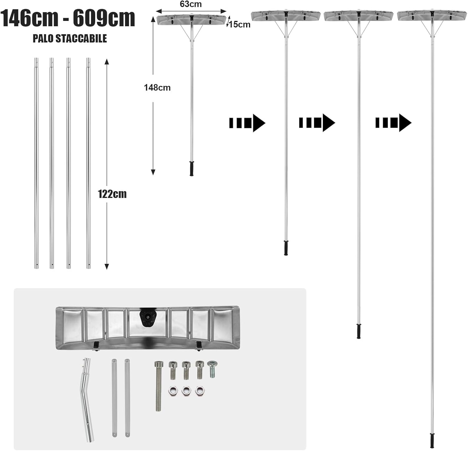 Rastrello per Neve in Alluminio per Tetti e Auto, Pala da Neve Telescopico e Allungabile da 148-608 cm, Lama Grande da 63 cm con 2 Ruote, per Vari Occasioni