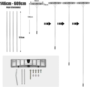 Rastrello per Neve in Alluminio per Tetti e Auto, Pala da Neve Telescopico e Allungabile da 148-608 cm, Lama Grande da 63 cm con 2 Ruote, per Vari Occasioni