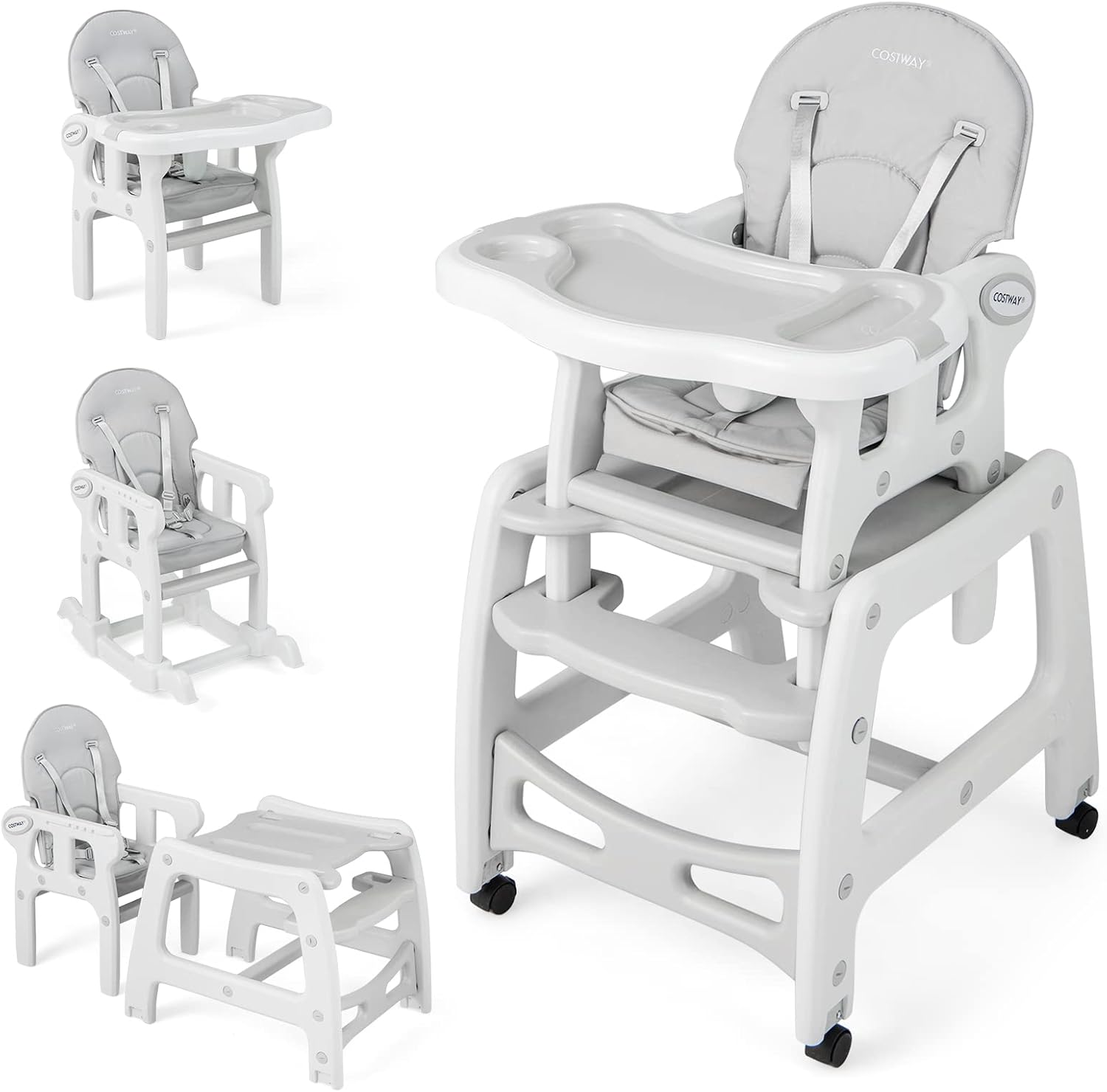 Seggiolone Pappa per Bambini 3 in 1, Seggiolone per Neonati con Vassoio Rimovibile, Cuscino, Schienale Regolabile e Cintura di Sicurezza a 5 Punti, 6-36 Mesi, Capacità 20 kg (Grigio)