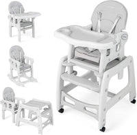 Seggiolone Pappa per Bambini 3 in 1, Seggiolone per Neonati con Vassoio Rimovibile, Cuscino, Schienale Regolabile e Cintura di Sicurezza a 5 Punti, 6-36 Mesi, Capacità 20 kg (Grigio)