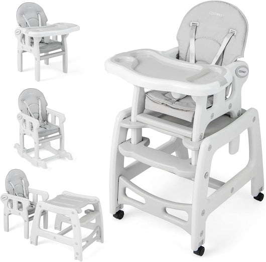 Seggiolone Pappa per Bambini 3 in 1, Seggiolone per Neonati con Vassoio Rimovibile, Cuscino, Schienale Regolabile e Cintura di Sicurezza a 5 Punti, 6-36 Mesi, Capacità 20 kg (Grigio)