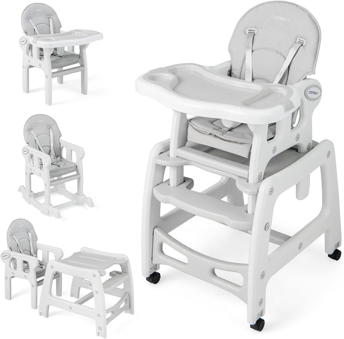 Seggiolone Pappa per Bambini 3 in 1, Seggiolone per Neonati con Vassoio Rimovibile, Cuscino, Schienale Regolabile e Cintura di Sicurezza a 5 Punti, 6-36 Mesi, Capacità 20 kg (Grigio)