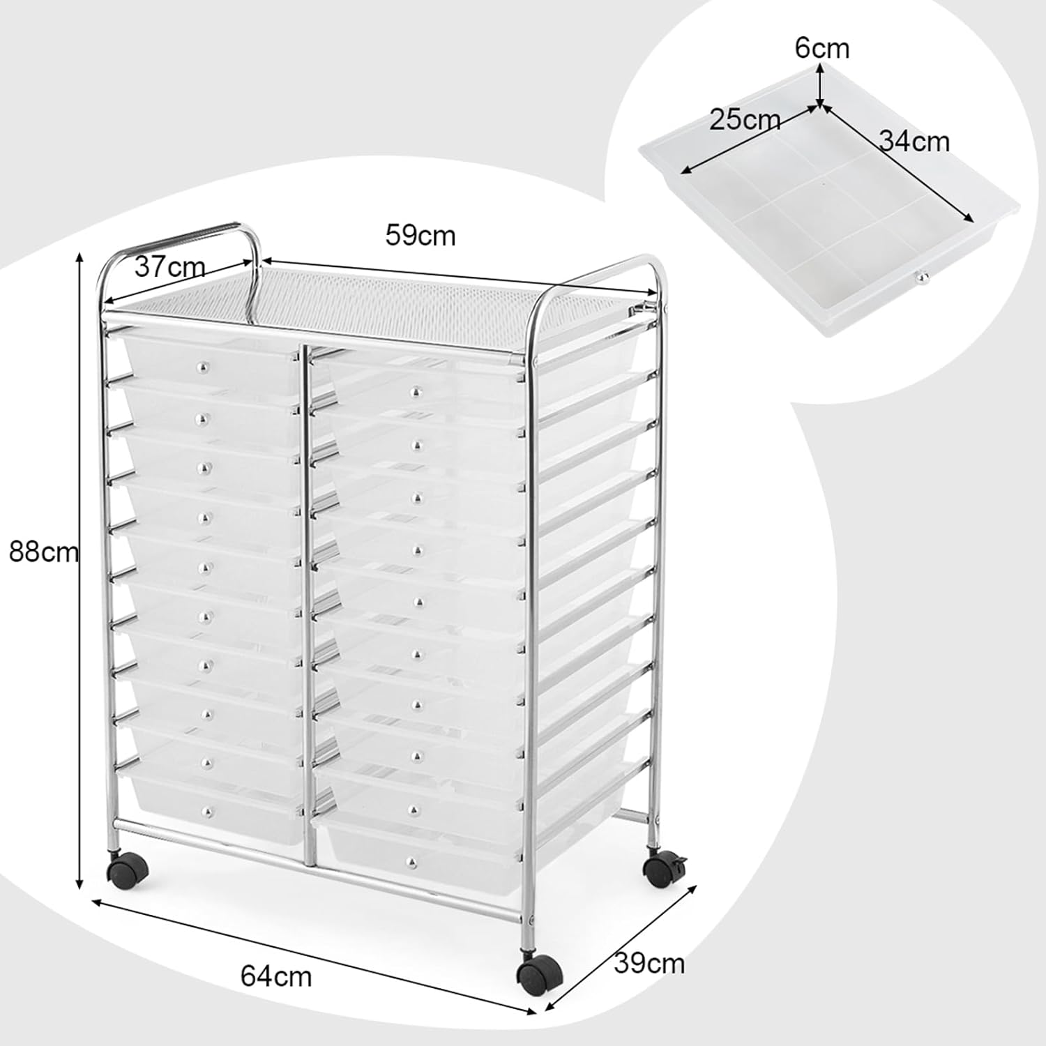 Carrello di Stoccaggio con 20 Cassetti, Carrello portaoggetti con 4 Ruote, Carrello Multiuso per Scuola Ufficio Cucina, 64 x 39 x 88 cm (Trasparente)