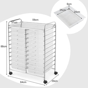 Carrello di Stoccaggio con 20 Cassetti, Carrello portaoggetti con 4 Ruote, Carrello Multiuso per Scuola Ufficio Cucina, 64 x 39 x 88 cm (Trasparente)