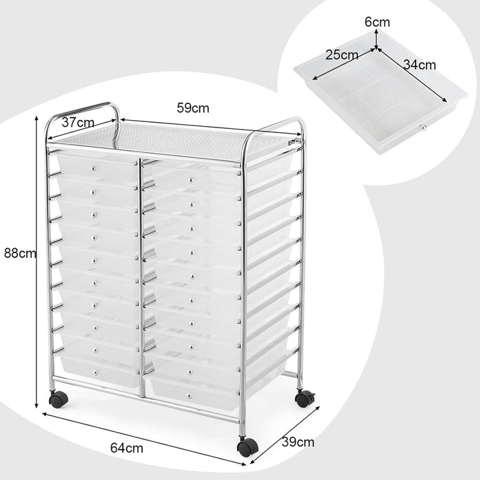 Carrello di Stoccaggio con 20 Cassetti, Carrello portaoggetti con 4 Ruote, Carrello Multiuso per Scuola Ufficio Cucina, 64 x 39 x 88 cm (Trasparente)
