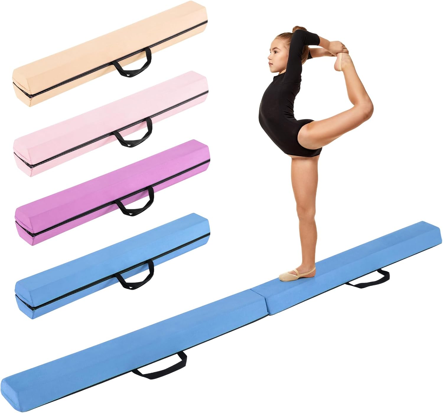 Trave Ginnastica Artistica per Bambini 210 cm, Trave di Equilibrio Pieghevole e Portatile per Casa con Manici, Copertura in Suede Rimovibile e Fondo Antiscivolo