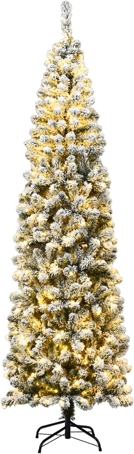 Albero di Natale Slim 135/180/225 cm, Albero di Natale Innevato con 150/250/350 Luci LED, 242/500/641 Rami e Base di Metallo, Decorazione Natalizia per Casa e Negozio (225 CM)