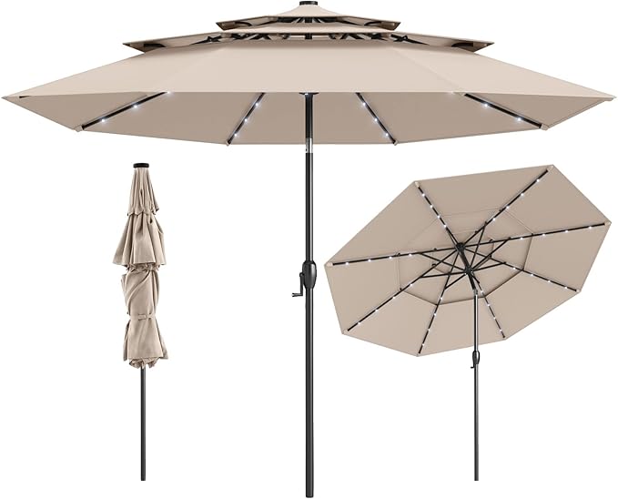 Ombrellone da Patio 313 cm con 32 Luci LED, Tetto Ventilato a 3 Piani, Inclinazioni Regolabili, Manovella, 8 Stecche, Ombrellone da Giardino, Piscina, Spiaggia