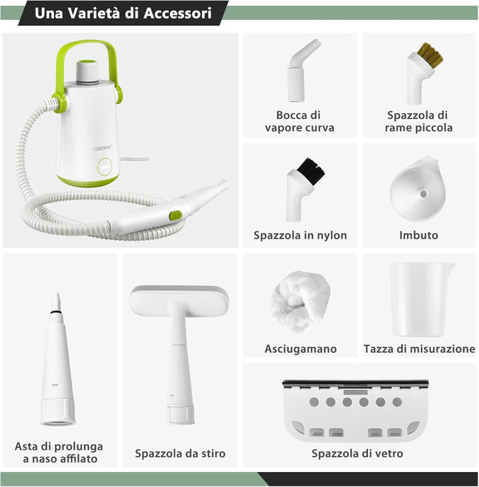 1000W Pulitore a Vapore Multiuso, Macchina a Vapore Portatile con 10 Accessori Serbatoio da 300 ml, Pulizia a Vapore con Tubo Flessibile per Cucina Bagno Finestre (Verde)