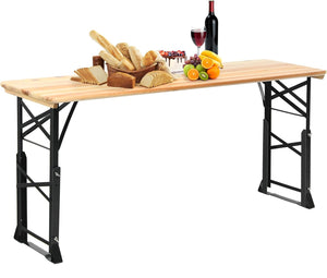Tavolo da Picnic Pieghevole per Esterni da 168,5 cm, Tavolo da Campeggio in Legno con Altezza Regolabile, Tavolo per Birra con Foro per Ombrellone, 168,5 x 50 x 75/105 cm