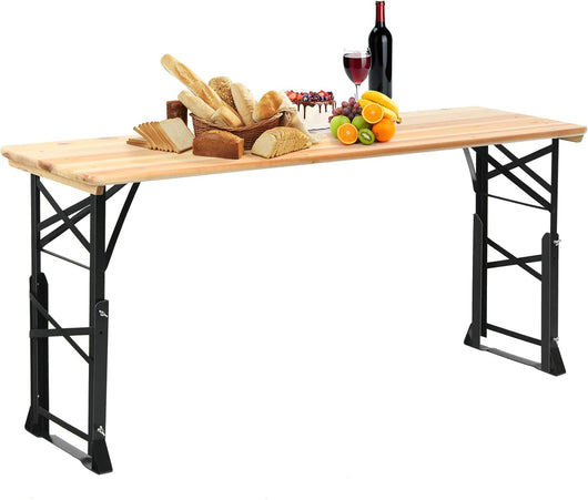 Tavolo da Picnic Pieghevole per Esterni da 168,5 cm, Tavolo da Campeggio in Legno con Altezza Regolabile, Tavolo per Birra con Foro per Ombrellone, 168,5 x 50 x 75/105 cm