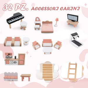 Casa delle Bambole in Legno, Casa delle Bambole a 3 Piani con 7 Stanze e Mobili, Accessori Realistici, per Bambini 3-8 Anni, 100 x 48 x 85,5 cm