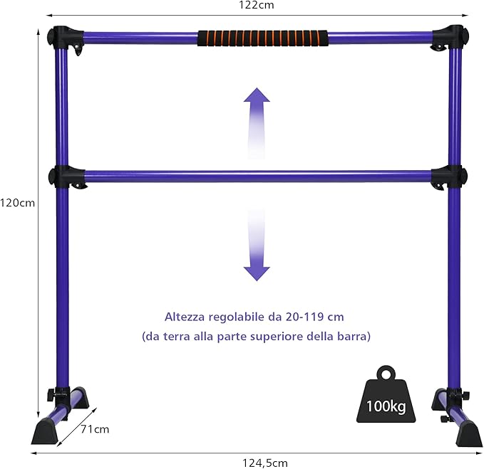 Sbarra da Balletto Doppia in Metallo, Portatile e Regolabile in Altezza con Cuscinetti Antiscivolo e Base Girevole, Ideale per Allenamento Stretch, Carico Massimo 50 kg
