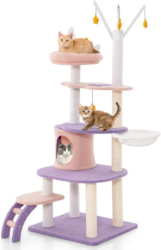 Albero per Gatti da 158 cm, Torre per Gatti Multi-livello Viola con Scala, Pali Graffiati Rivestiti di Sisal, Piattaforme, Giocattoli a Stella Pendenti e Cuccia