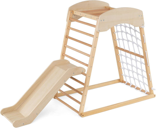 6 in 1 Struttura di Arrampicata, Triangolo da Arrampicata con Scivolo, Barra per Trazioni e Rete per Arrampicata, Parco Educativo per bambini per Interni, 1+ Anno, 105 x 67 x 112 cm (Naturale)