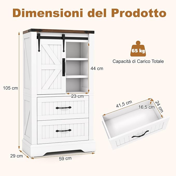 Mobile da Bagno, Armadietto Salvaspazio con Porta Scorrevole a Fienile, Ripiani Regolabili a 2 Cassetti, Mobiletto in Legno per Cucina e Soggiorno, 59 x 29 x 105 cm