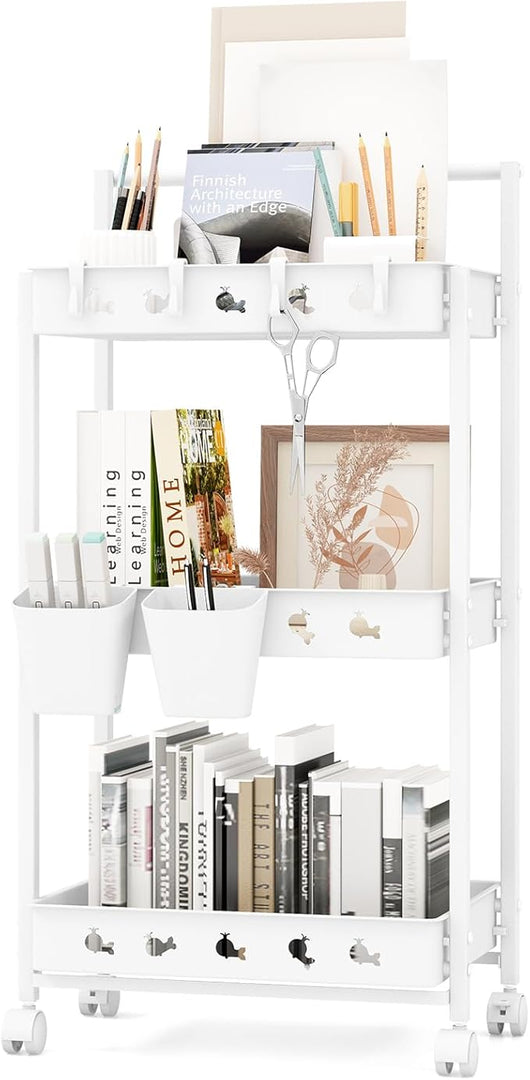 Carrello Portaoggetti a 3 Livelli con Ruote, Carrello di Stoccaggio con 2 Tazze Appese e 4 Ganci, Organizzatore Mobile con Maniglia per Ufficio Soggiorno Cucina e Bagno, Multiuso