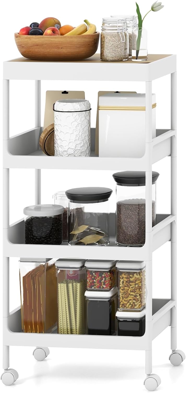 Carrello da Cucina a 3/4 Piani, Carrello con Vassoio Staccabile e Ruote Bloccabili, Carrello Multiuso per Cucina Bagno Lavanderia Spazi Stretti (4 Piani)