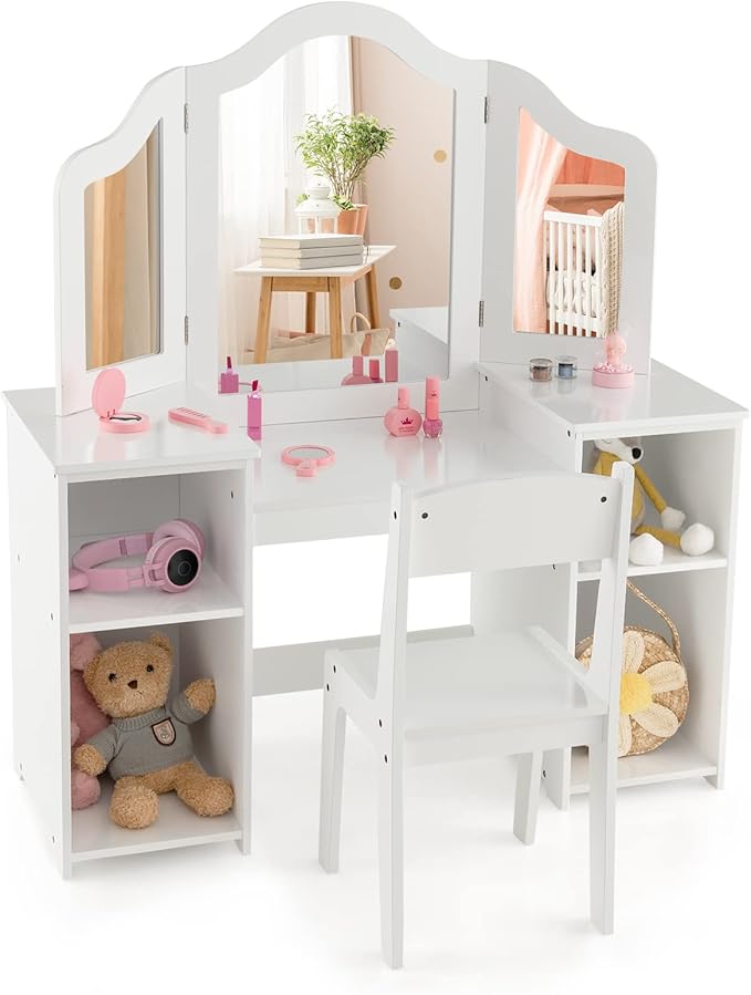 Toeletta Trucco 2 in 1 per Bambina, Specchiera Staccabile per Ragazza in Legno Robusto con 4 Scomparti, Sgabello e Specchio, Postazione Trucco per 3 Anni, 104 x 40 x 117 cm(Bianco)