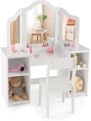 Toeletta Trucco 2 in 1 per Bambina, Specchiera Staccabile per Ragazza in Legno Robusto con 4 Scomparti, Sgabello e Specchio, Postazione Trucco per 3 Anni, 104 x 40 x 117 cm(Bianco)